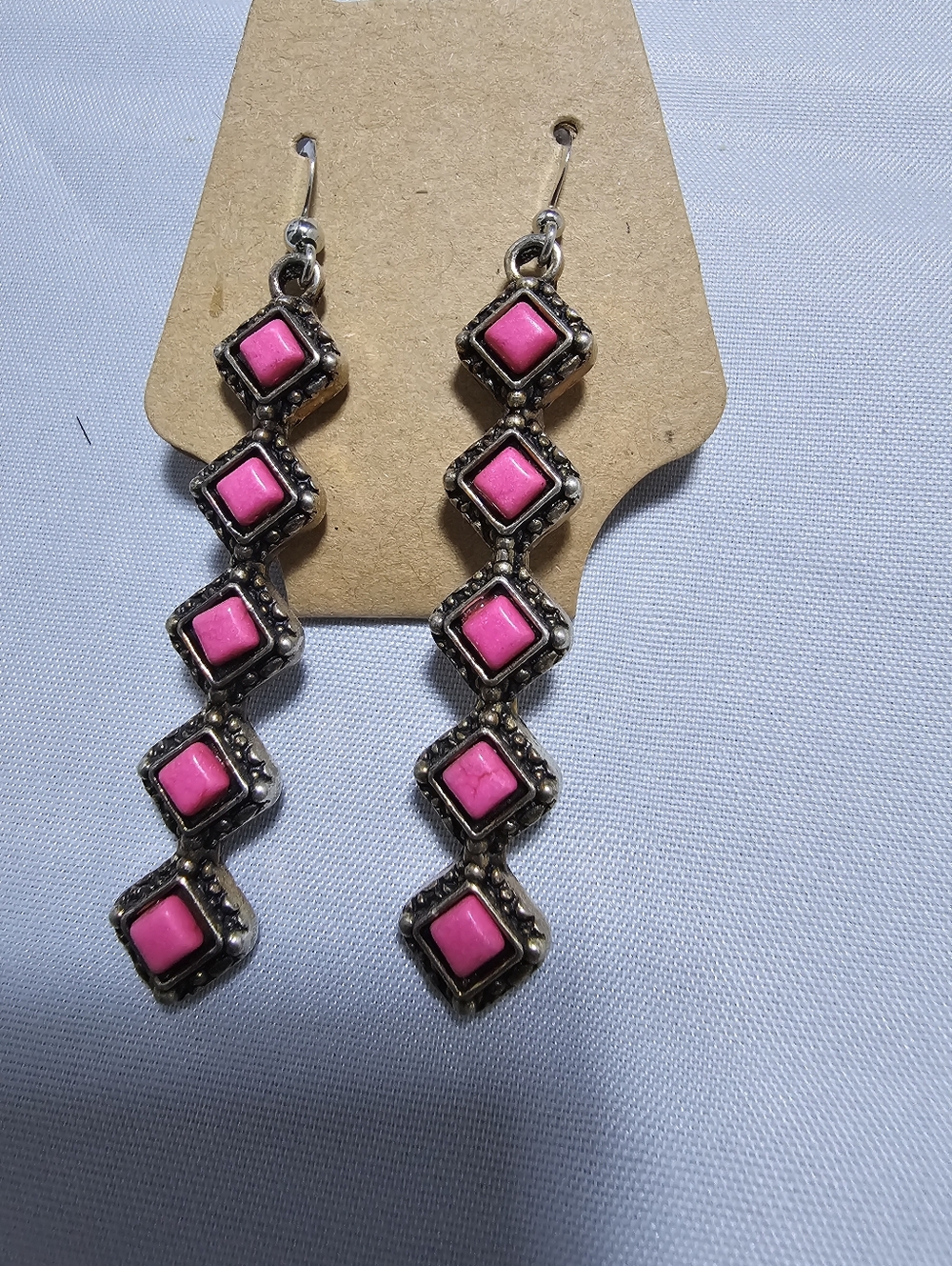 Pink Dangle Earrings with Geometric Squares - Unbranded
